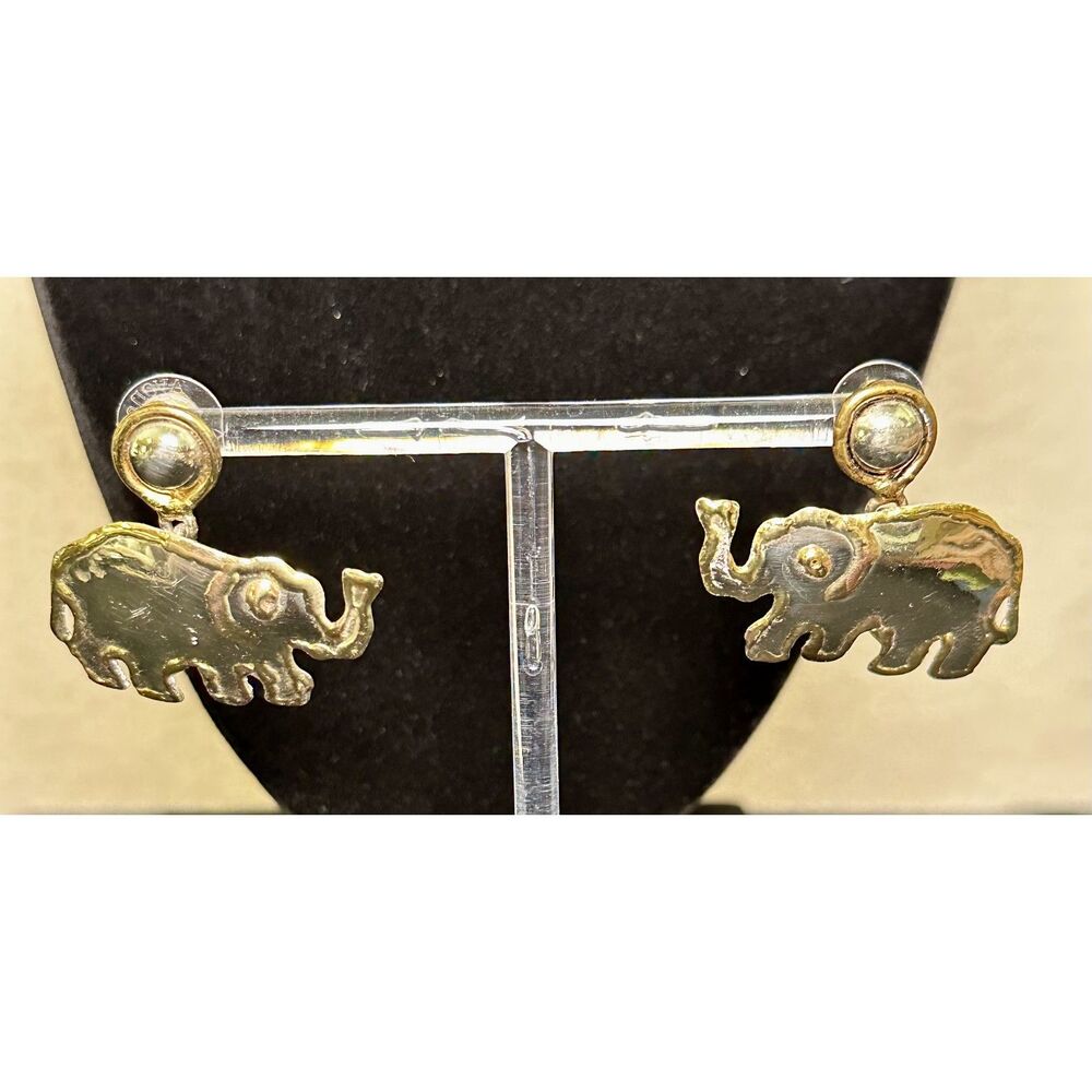 Gold Tone Repousse Elephant Drop Earrings Trunk Up Lucky Post Dangle Boho Pair